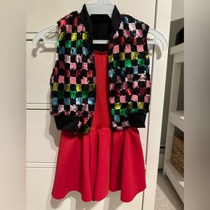 Red dress shorts leotard with matching sequin vest